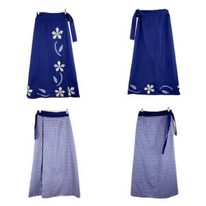 Vintage Wrap Long Skirt Blue White Patchwork Floral Gingham Plaid Women's Medium